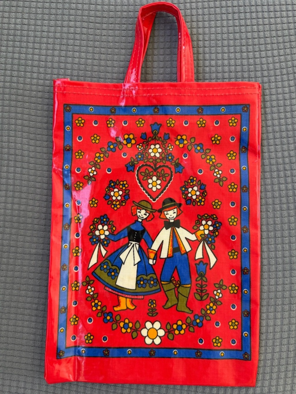 Vintage 70s Ulster Vinyl Tote Bag Scandinavian Floral Folk Art Print - Picture 3 of 6